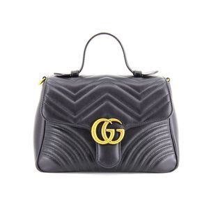 Gucci GG Marmont Small Top Handle Chain Shoulder Bag Leather Black Gold Hardware